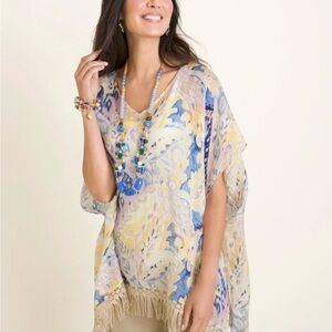 Chicos Linen Watercolor Tunic with Fringe Size S/M